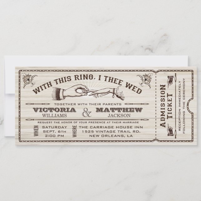 With This Ring, Vintage Wedding Ticket Invitation (Front)