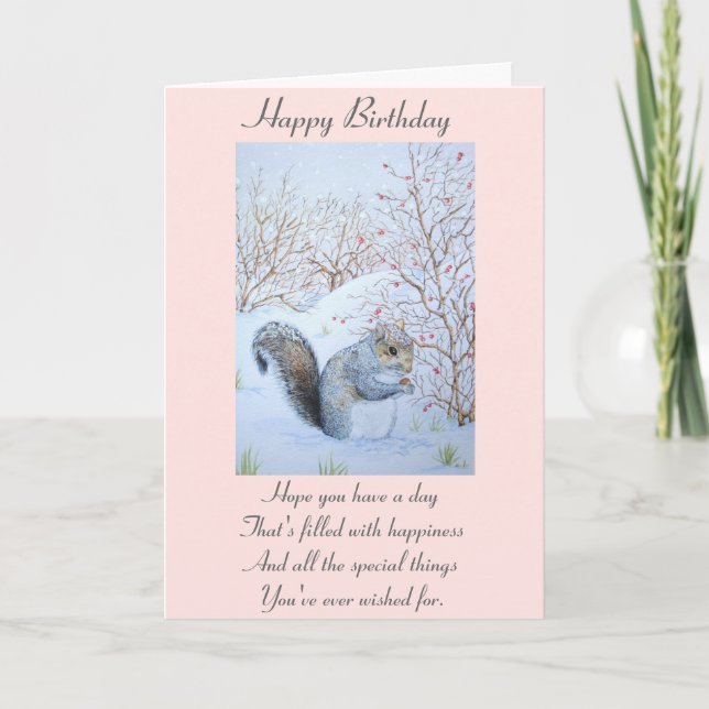 with verse cute gray squirrel snow scene wildlife card (Front)