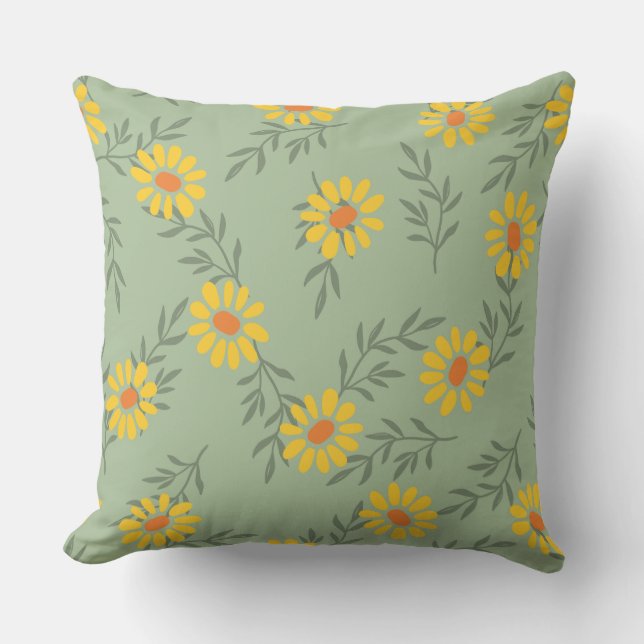 With yellow daisies and soft green leaves throw pillow (Front)