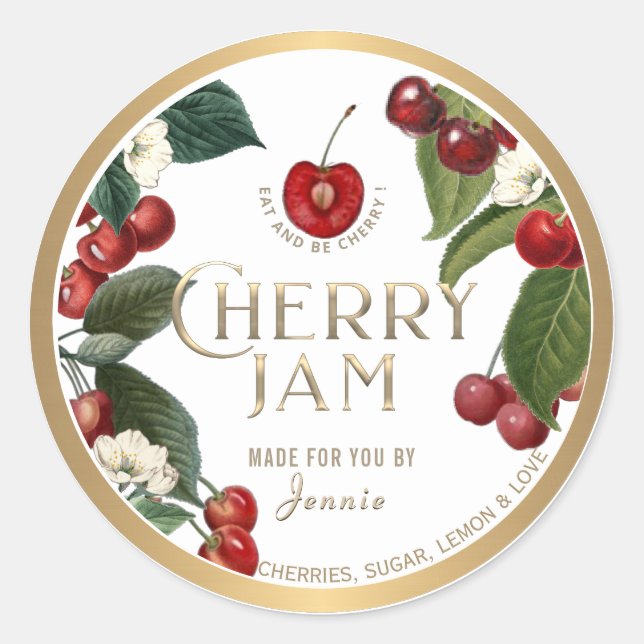 Witty Logo Design Elegant Cherry Jam Preserves Classic Round Sticker (Front)