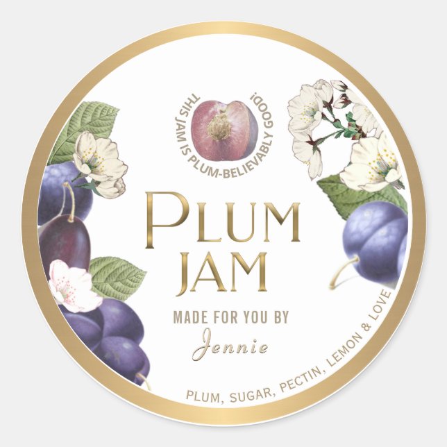 Witty Logo Design Elegant Plum Jam Preserves       Classic Round Sticker (Front)