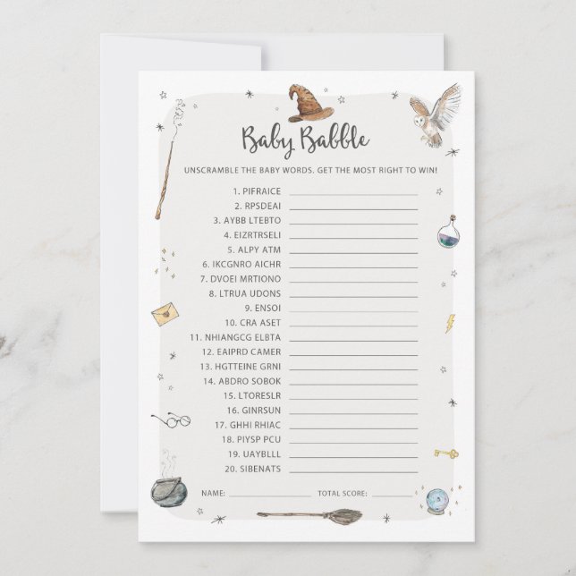 Wizard Baby Shower Baby Babble Word Scramble Game Invitation (Front)
