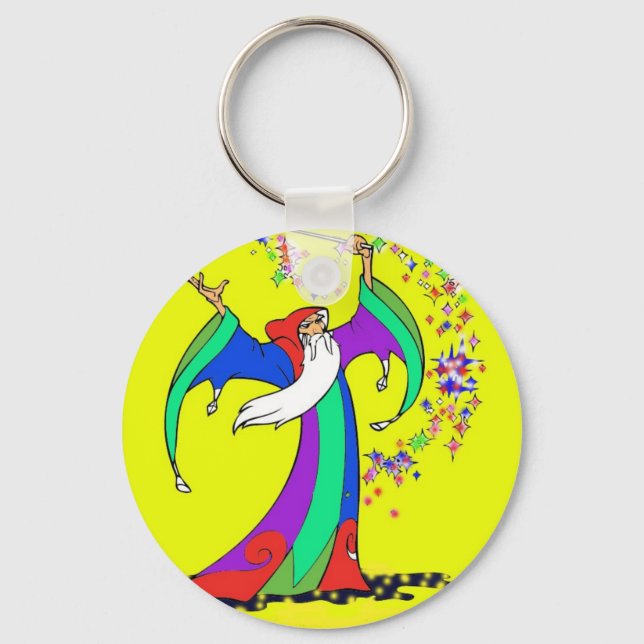 Wizard casting colourful magic spells with wand. keychain (Front)
