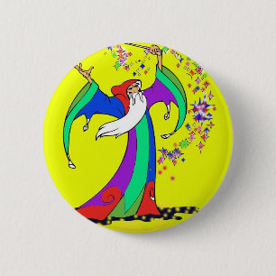 Wizard casting colourful spells with magic wand 2 inch round button