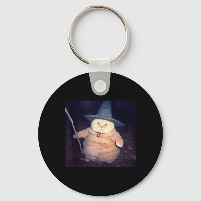 Wizard Cat Funny Halloween Cat Meme Keychain (Front)