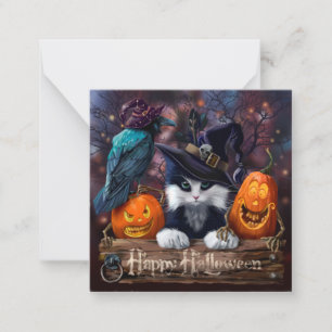 Wizard cat, raven and Halloween pumpkins Card