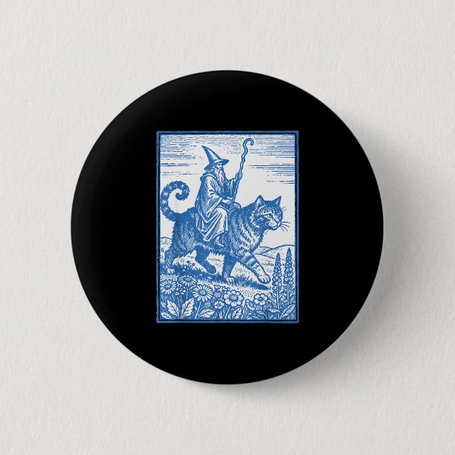 Wizard cat rider funny cute meme  2 inch round button (Front)