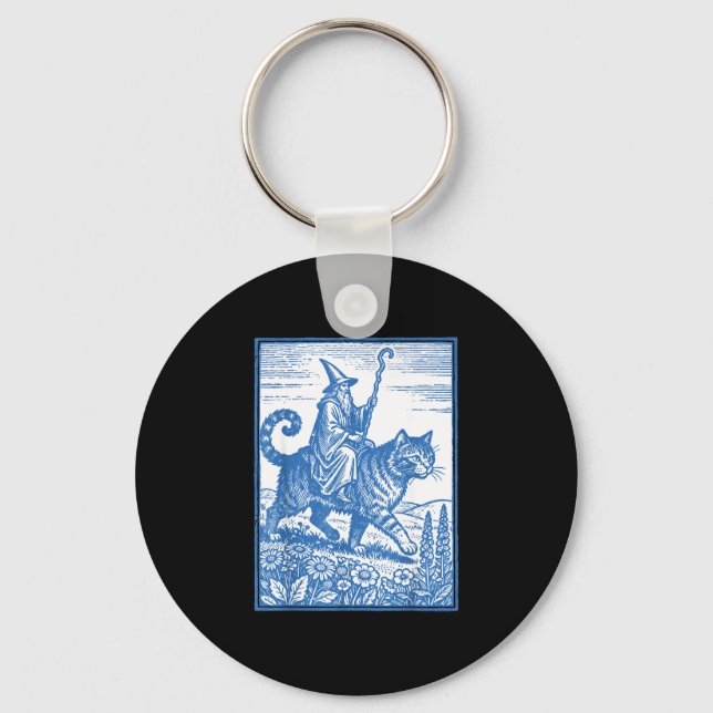 Wizard cat rider funny cute meme  keychain (Front)