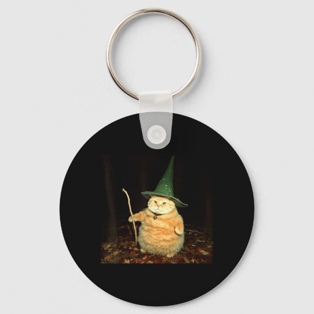 Wizard Cat Weird Funny Halloween Cat Meme Keychain (Front)