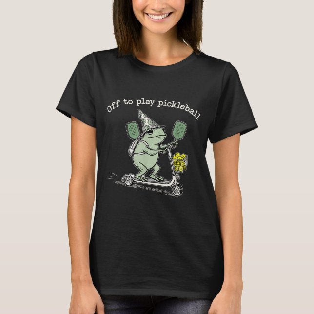Wizard Frog Hold Racket Scooter Ride Off To Play P T-Shirt (Front)