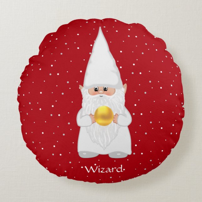 Wizard Gnome & Gold on Red Round Pillow (Front)
