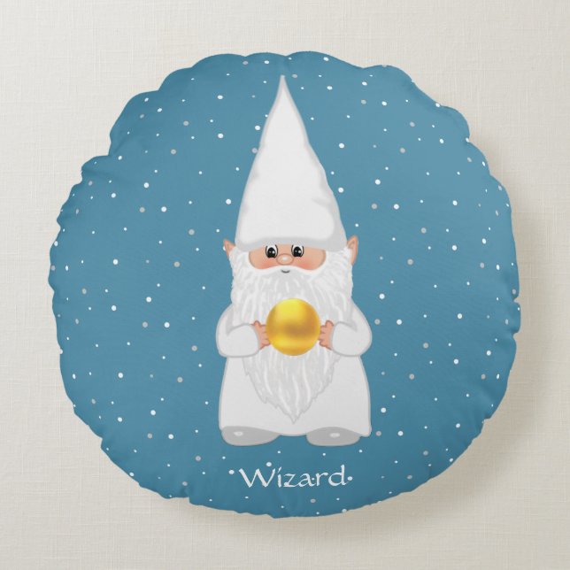 Wizard Gnome & Gold on Sapphire Blue Round Pillow (Front)