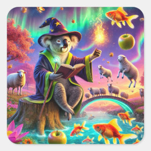Wizard Koala Casting Magic in Enchanted Forest Square Sticker