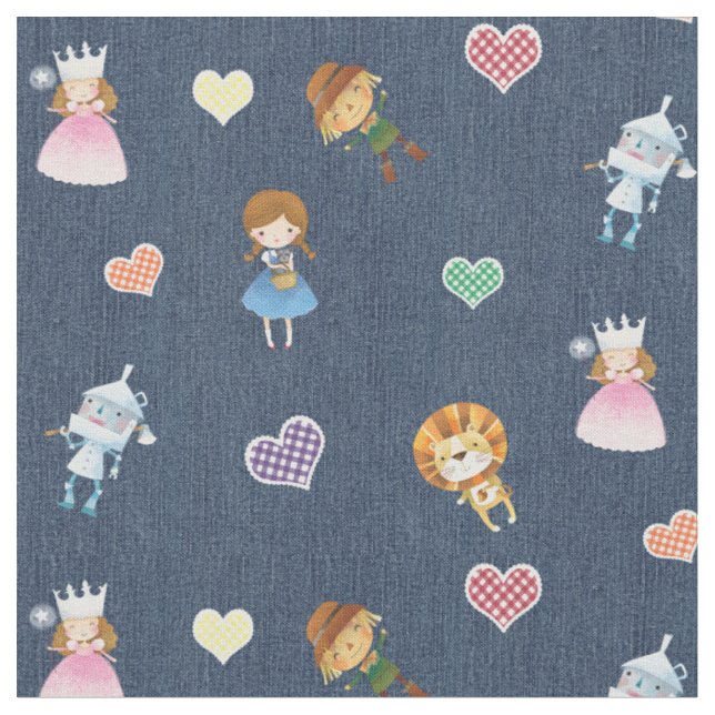 Wizard of Oz and Gingham Hearts on Blue Denim Fabric (Close Up)