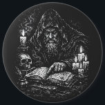 Wizard Studying the Grimoire — by BurnsInHell 6 Inch Round Button<br><div class="desc">A hooded sorcerer studies an ancient grimoire by candlelight, rendered in stark black‑and‑white haunted ink. Smoke coils upward from ritual flames as the wizard traces sigils across the open pages, caught between scholarship and spellcraft. This artwork carries the signature BurnsInHell monochrome style—mythic, atmospheric, and carved from shadow. Suitable for: occult...</div>