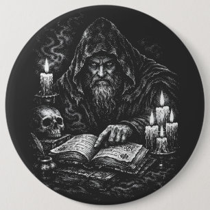 Wizard Studying the Grimoire — by BurnsInHell 6 Inch Round Button