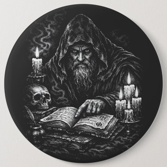 Wizard Studying the Grimoire — by BurnsInHell 6 Inch Round Button (Front)