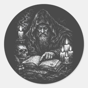 Wizard Studying the Grimoire — by BurnsInHell Classic Round Sticker