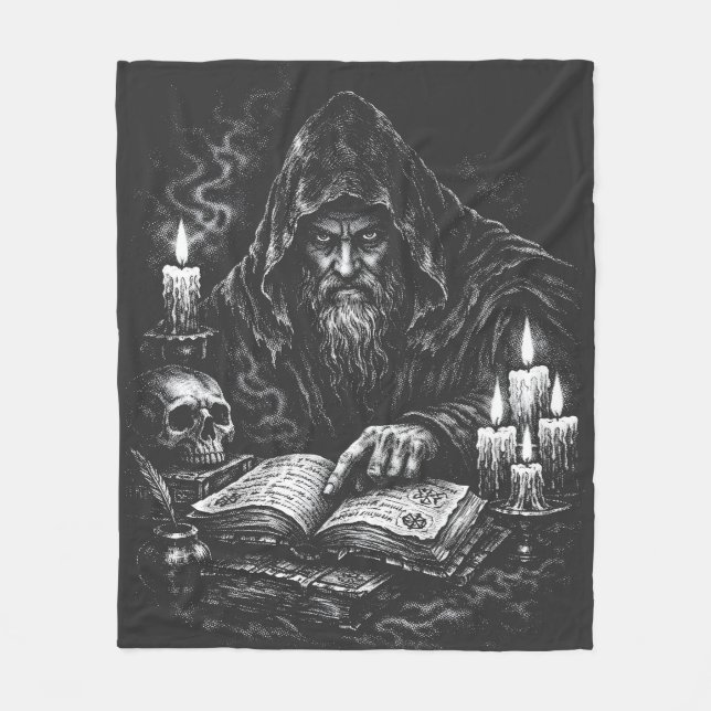 Wizard Studying the Grimoire — by BurnsInHell Fleece Blanket (Front)