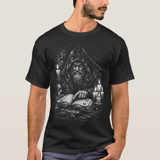 Wizard Studying the Grimoire — by BurnsInHell T-Shirt (Front)