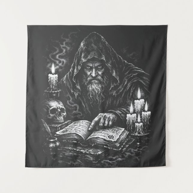 Wizard Studying the Grimoire — by BurnsInHell Tapestry (Front)