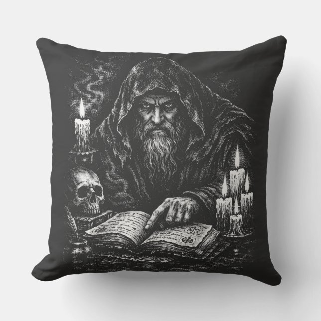 Wizard Studying the Grimoire — by BurnsInHell Throw Pillow (Front)
