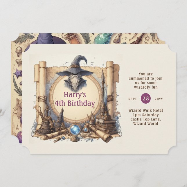 Wizard Theme Party Magical Vintage Wands Hats Invitation (Front/Back)