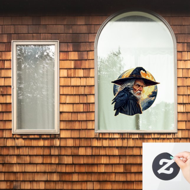 Wizard with a Raven - Halloween Fan Fun 2 Window Cling (Home Window)