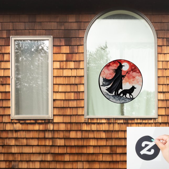 Wizard with a Wolf - Halloween Fan Fun 2 Window Cling (Home Window)