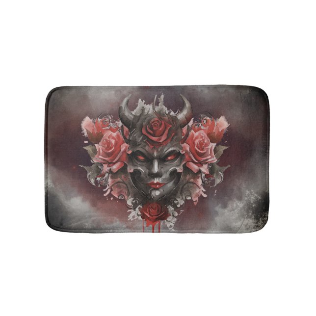 Wizardry | Dark Horned Demon with Glowing Red Eyes Bath Mat (Front)