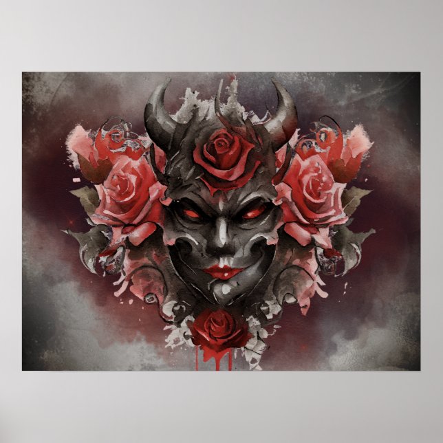 Wizardry | Dark Horned Demon with Glowing Red Eyes Poster (Front)