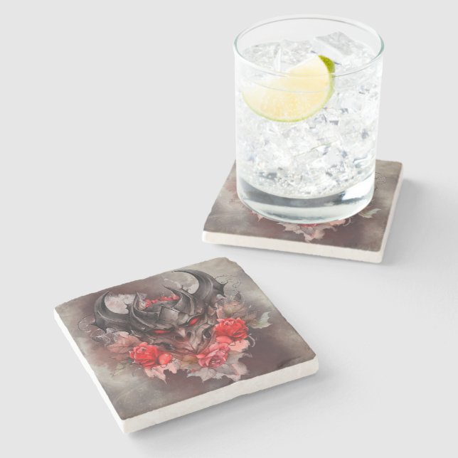 Wizardry | Red Eyed Smoky Demon Beast with Roses Stone Coaster (Side)