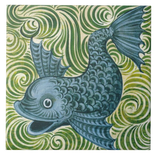 Wm De Morgan Left Facing Blue Dolphin Tile Repro (Front)
