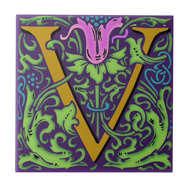 Wm Morris Ornate Initial "V" Letter Ceramic Tile+  Tile (Front)