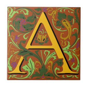 Wm Morris Ornate Letter "A" Initial Ceramic Tile  