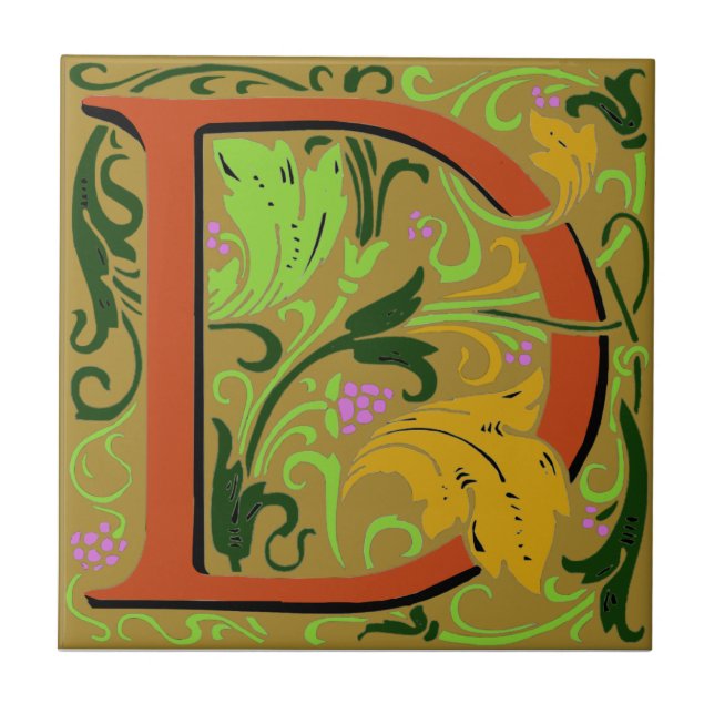 Wm Morris Ornate Letter "D" Initial Ceramic Tile   (Front)