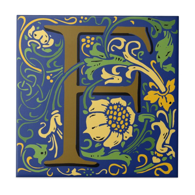 Wm Morris Ornate Letter "F" Initial Ceramic Tile   (Front)
