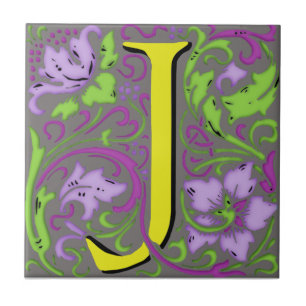 Wm Morris Ornate Letter "J" Initial Ceramic Tile  
