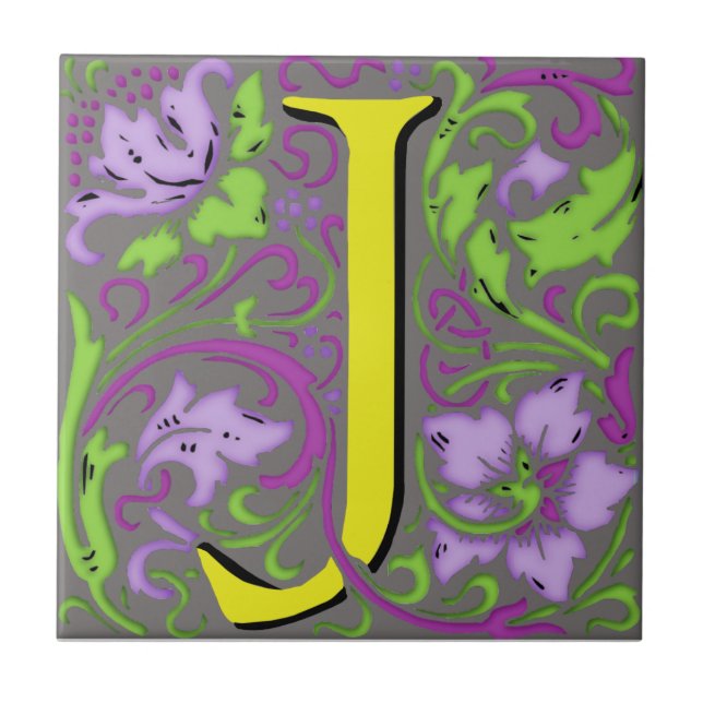 Wm Morris Ornate Letter "J" Initial Ceramic Tile   (Front)