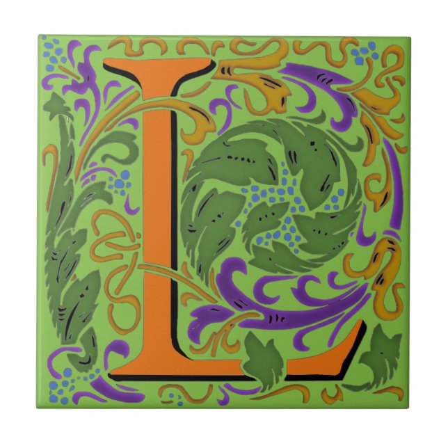 Wm Morris Ornate Letter "L" Initial Ceramic Tile   (Front)