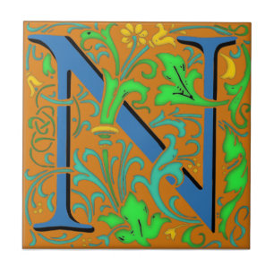Wm Morris Ornate Letter "N" Initial Ceramic Tile  