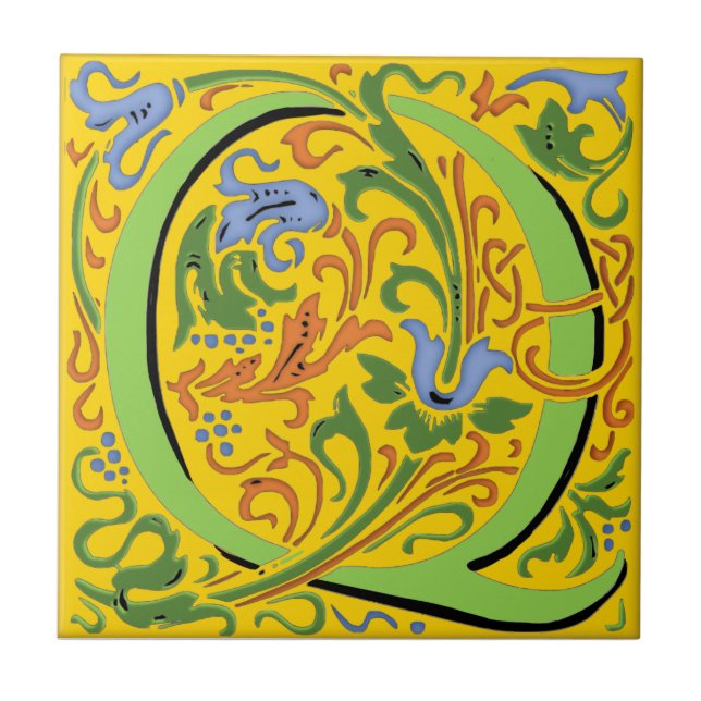Wm Morris Ornate Letter "Q" Initial Ceramic Tile   (Front)