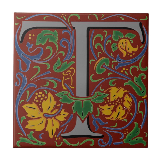 Wm Morris Ornate Letter "T" Initial Ceramic Tile   (Front)