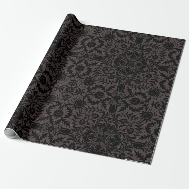 Wm Morris Seamless Vine Black Charcoal Pattern Wrapping Paper (Unrolled)