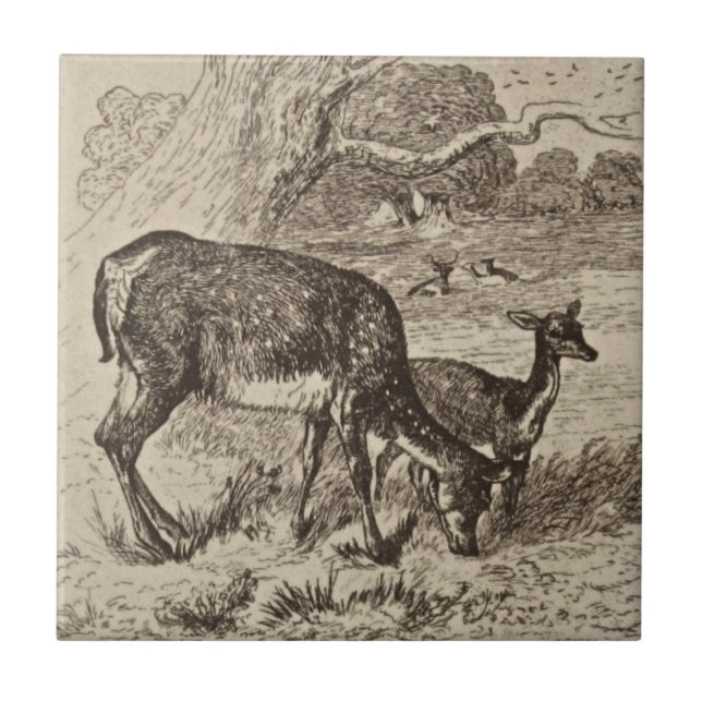 Wm Wise Minton Doe & Fawn Deer Antique Repro Sepia Tile (Front)