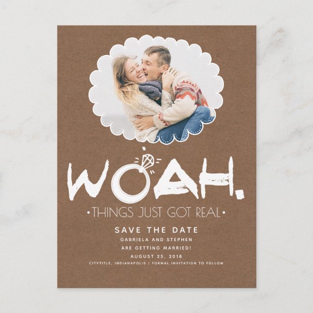 Woah Things Just Got Real | Photo Save the Date Announcement Postcard (Front)