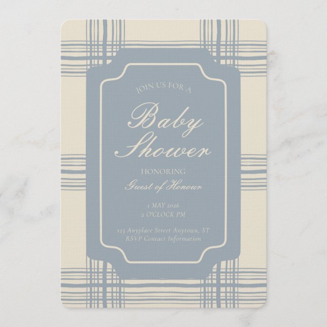 Wobbly Plaid Geometric Gender Neutral Beige Blue Invitation (Front)