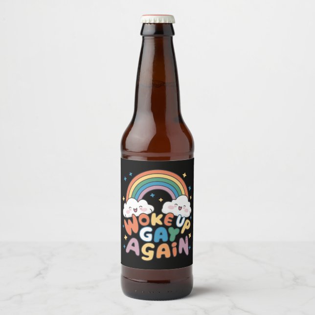 Woke Up Gay Again LGBT Pride Month Groovy  Beer Bottle Label (Front)