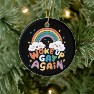 Woke Up Gay Again LGBT Pride Month Groovy  Ceramic Ornament