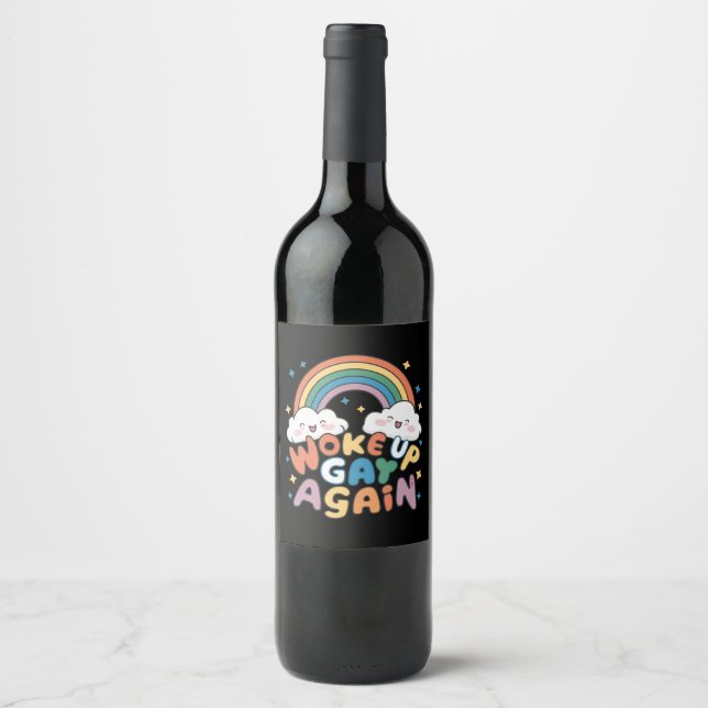 Woke Up Gay Again LGBT Pride Month Groovy  Wine Label (Front)
